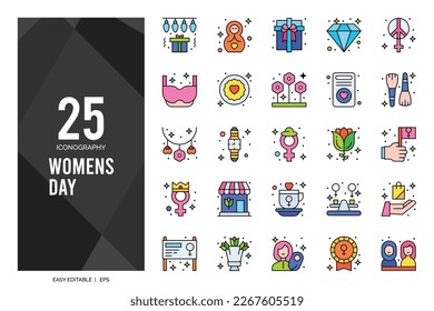 25 Women's Day Lineal Color icons Pack vector illustration.