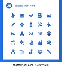 25 work filled icons set isolated on . Icons set with Garden gloves, toolbox, Toys making, Hand saw, start-up team, builder, bulldozer, Stamp, excavator, Gardening tools icons.