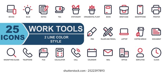 25 work icons tols.2 line color style.contains.telephone,file,calculator,calculate,call,calendar,date,mail,letter,envelope,office,building,employee,user,clock.
