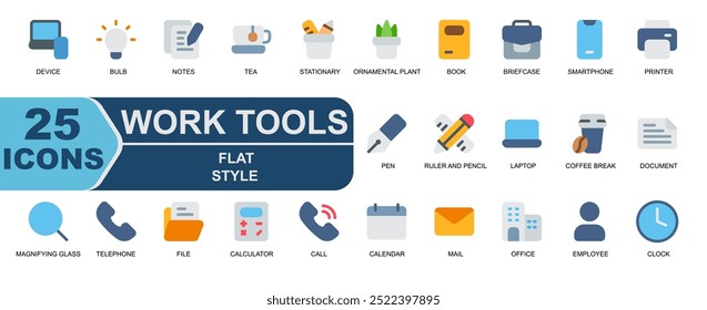 25 work tool icons. Flat style. Consists of book,journal,briefcase,smartphone,printer,pen,writing,ruler and pencil,laptop,coffee break. 

