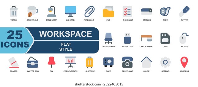 25 workplace icons.flat style.contains office bag,pin,push pin,presentation,report,suitcase,briefcase,safe,bank,telephone,house,building,setting,gear,address,map.vector illustration.

