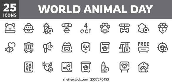 25 world animal day icons set, vector line, editable stroke.