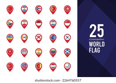 25 World Flags Pin. icons Pack. vector illustration.