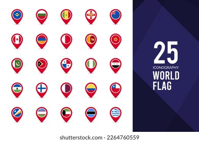 25 World Flags Pin. icons Pack. vector illustration.