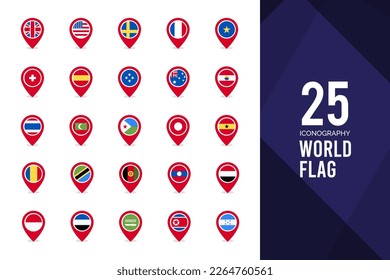 25 World Flags Pin. icons Pack. vector illustration.