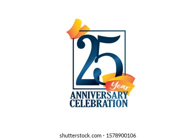 25 Year Anniversary Blue Color with Block Frame and Orange-Yellow Ribbon, Classic Style For Invitation, banner, ads, greeting card - Vector