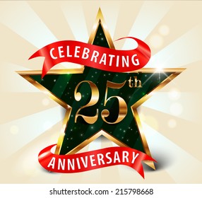 25 year anniversary celebration golden star ribbon, celebrating 25th anniversary decorative golden invitation card - vector eps10