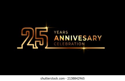 25 Year Anniversary Celebration Logotype with Golden Colored Font Numbers Made of One Connected Line for Celebration Event, Wedding, Greeting card, and Invitation Isolated on Dark Background