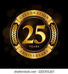 25 Year Anniversary celebration template design, with shiny ring and gold ribbon, laurel wreath isolated on black background, logo vector
