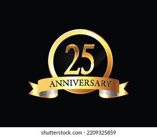 25 Year Anniversary celebration Vector Design with ring and ribbon. 265th Anniversary celebration. Gold Luxury Banner of 25th Anniversary celebration. twenty-fifth celebration card. Vector anniversary
