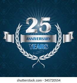 25 year anniversary emblem with ribbon and laurel wreath. Vector illustration for your graphic design.