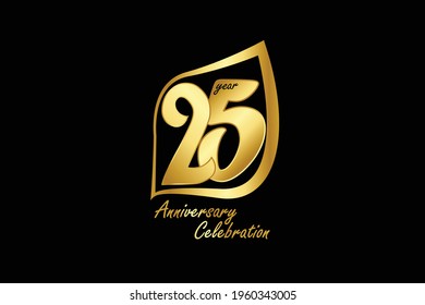 25 year anniversary gold color minimalist logo with golden leaf line jubilee, greeting card. Birthday invitation sign. Gold space vector illustration on Black background - Vector