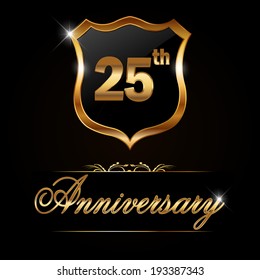 25 year anniversary golden label, 25th anniversary decorative golden emblem - vector illustration 