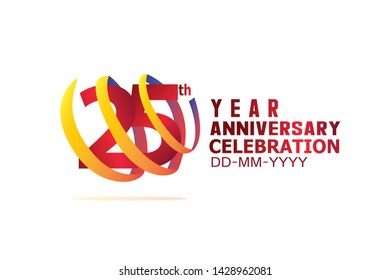 25 Year Anniversary, Red Color Text and Yellow-Orange-Blue Ribbon. Isolated graphic anniversary for banner, greeting card - vector