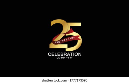 25 year anniversary red ribbon celebration logotype. anniversary logo with Red text and Spark light gold color isolated on black background, design for celebration, invitation - vector