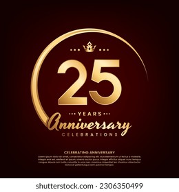 25 year anniversary template design with golden number and ring for birthday celebration event, invitation, banner poster, flyer, and greeting card, vector template