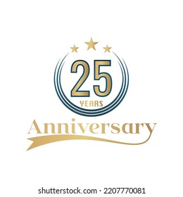 25 Year Anniversary Vector Template Design Illustration. Gold And Blue color design with ribbon