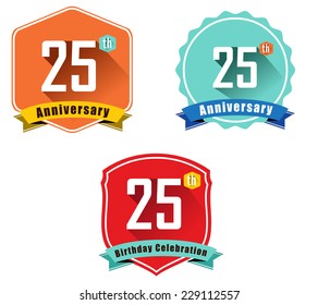 25 year birthday celebration flat color vintage label badge, 25th anniversary decorative  emblem - vector illustration eps10