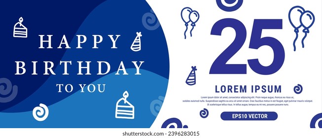 Celebración de 25 años Creative Happy Birthday Text. Diseño de banner decorativo de color azul, ilustración vectorial.