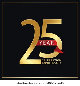 25 year minimalist logo years, jubilee, greeting card. Red and Gold Ribbons on Black Background with Golden Frame for Birthday invitation - Vector 