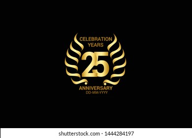 25 year minimalist logo years, jubilee, greeting card. Birthday invitation. Sign wings Line Gold space vector illustration on black background - Vector