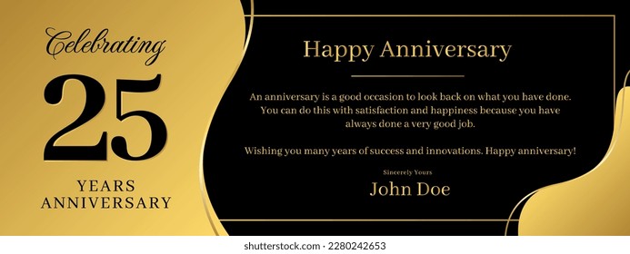 25 years anniversary, a banner speech anniversary template with a gold background combination of black and text that can be replaced