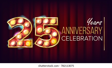 25 Years Anniversary Banner Vector. Twenty-five, Twenty-fifth Celebration. Shining Light Sign Number. For Traditional Company Birthday Design. Modern Red Background Illustration