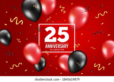 25 years anniversary. Anniversary birthday balloon confetti background. Twenty five years celebrating icon. Celebrate red banner. Birthday party balloon background. Age in a frame box. Vector