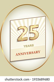 25 years anniversary, birthday card with 25th in gold color, vector design for celebration, invitation and greeting card, logo, template.