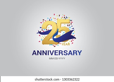 25 years anniversary blue ribbon celebration logotype. anniversary logo with golden and Spark light white color isolated on grey background, vector design for celebration, invitation card-vector