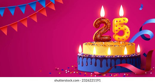 25 years anniversary. Cake with burning candles and confetti. Birthday banner. Vector illustration