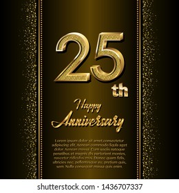 25 years Anniversary Celebrating golden text and confetti on black background. Vector template.