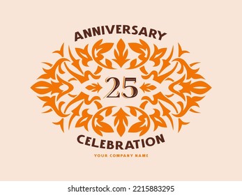 25 years anniversary celebration card with floral ornament in vintage style. Vector illustration