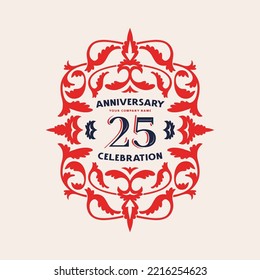 25 years anniversary celebration card with floral ornament in vintage style. Vector illustration