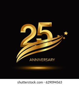 25 Years Anniversary Celebration Design. - gold swoosh and star on black background