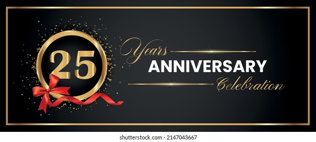 25 Years Anniversary Celebration Gold and Black Color Vector. anniversary celebration logotype with elegant modern number gold color for celebration, gold anniversary celebration, bow, ribbon, luxury.
