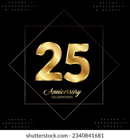  25 years anniversary celebration with gold square frames and circle shapes on black background. Premium design for birthday party, poster, banner, graduation, weddings, jubilee, greetings card. Vecto