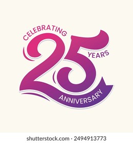 25 years anniversary celebration hand drawn logo with ribbon icon. 25th wedding anniversary greeting card, template, poster, banner. 25th birthday party celebration badge, label, sticker.