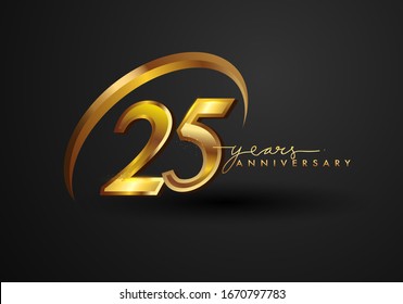 25 Years Anniversary Celebration. Anniversary logo with ring and elegance golden color isolated on black background, vector design for celebration, invitation card, and greeting card