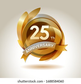 25 years anniversary celebration. Anniversary logo with ring and elegance golden color, for celebration, invitation card, and greeting card