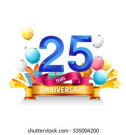 25 Years Anniversary celebration logo, birthday vector illustration, with gift box and balloons, colorful polygonal design.