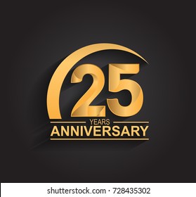 25 years anniversary celebration. Anniversary logo with swoosh and elegance golden color isolated on black background, vector design for celebration, invitation card, and greeting card