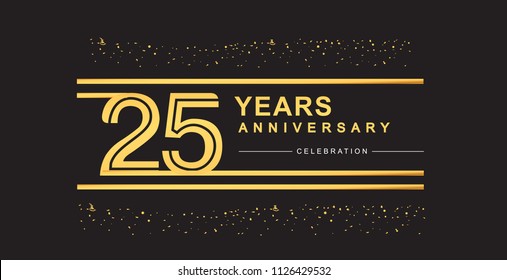 25 years anniversary celebration logotype with golden multiple line and confetti golden color isolated on black background, vector design for greeting card and invitation card
