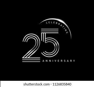 25 years anniversary celebration logotype with line number style silver color isolated on black color. vector anniversary for celebration, invitation card, and greeting card