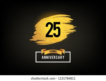 25 years anniversary celebration logotype with shiny golden brush, isolated on black background for use special celebration event