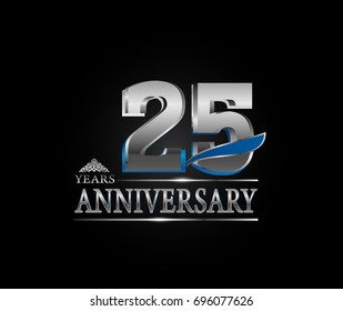 25 years anniversary celebration logotype. anniversary logo with silver color and tiny wing isolated on black background, vector design for celebration, invitation card, and greeting card