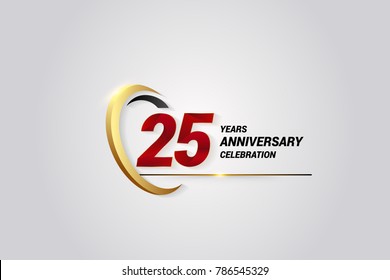 25 Years Anniversary Celebration Logotype. Red Elegant Vector Illustration with Gold Swoosh, Isolated on Black Background can be use for Celebration, Invitation, and Greeting card