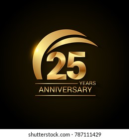 25 Years Anniversary Celebration Logotype. Golden Elegant Vector Illustration  with Gold Swoosh,  Isolated on Black Background can be use for Celebration, Invitation, and Greeting card