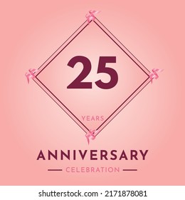 25 years anniversary celebration with purple frame isolated on soft pink background. Creative design for happy birthday, wedding, ceremony, event party, marriage, invitation card and greeting card.