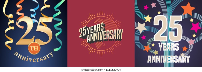25 years anniversary celebration set of vector icons, logo. Template design element with golden number for 25th anniversary greeting card 